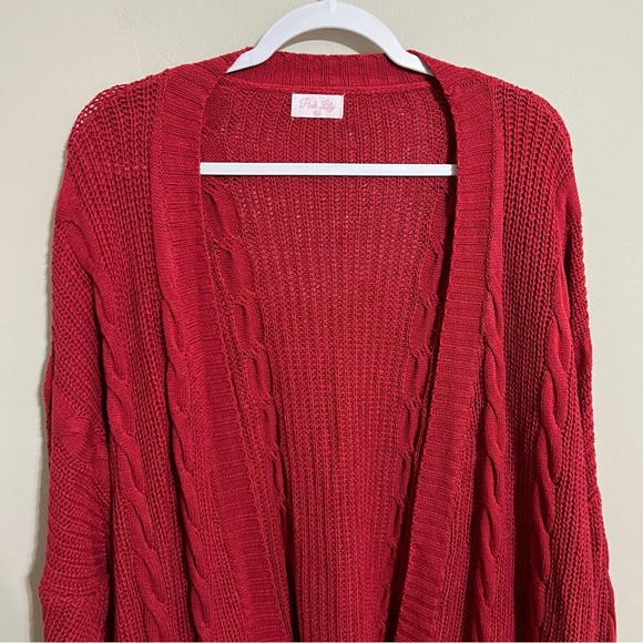 Pink Lily Cozy Red Oversized Cable Knit Open Front Long Cardigan size M/L - Picture 2 of 9